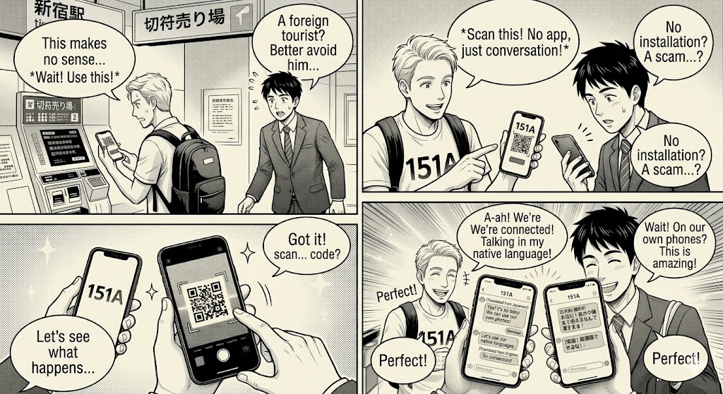 151Aの使い方（QRを読み取って母国語のまま会話する4コマ漫画）